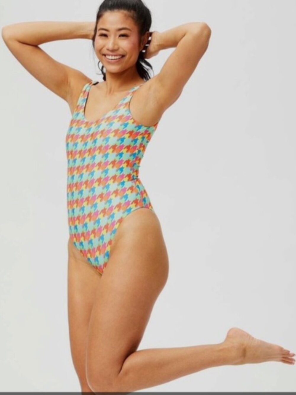 Terez Pink & Yellow Houndstooth Scoop Neck One-Piece - Women M $231